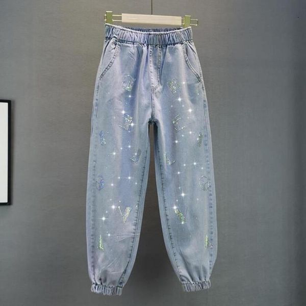 

women's jeans thin blue women 2021 spring summer loose elastic waist rhinestone jogger trouses harem denim pants plus size q224