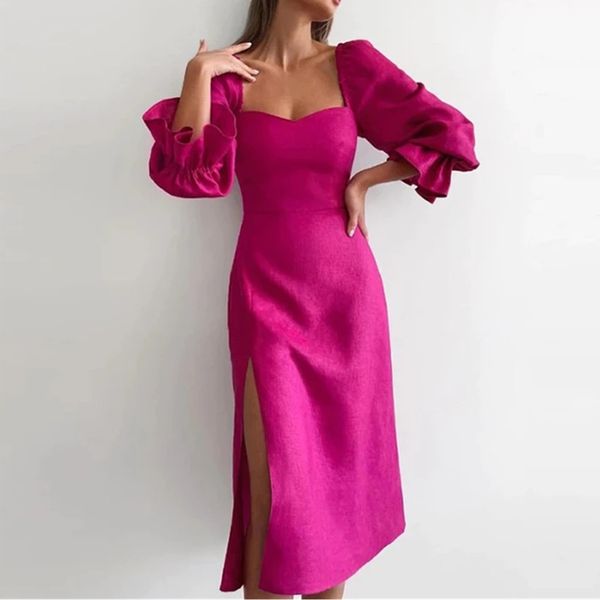 

autumn elegant bubble sleeve club dress fashion square collar slit slim long dress spring office lady solid prom party dress, Black