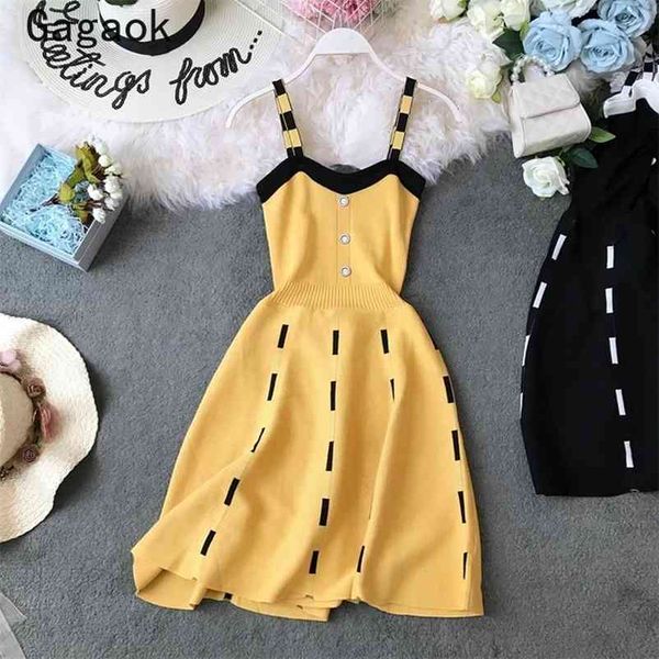 

women knit dress spring autumn high street striped spaghetti strap v-neck mini dresses outwear fashion vestidos 210531, Black;gray