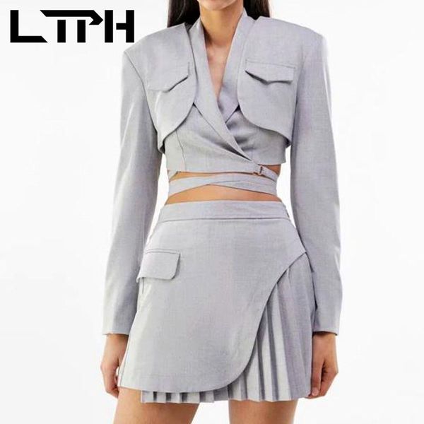 

two piece dress ltph gray suit women outfits 3 pieces set none button short blazer strappy waistcoat casual pleated skirt suits 2021 spring, White
