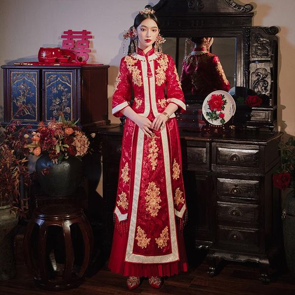 

modern chinese traditional wedding cheongsam qipao dress vestido oriental clothing long embroidery gown ethnic, Red