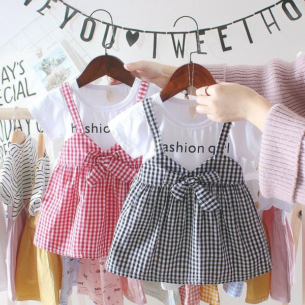 

girl's dresses summer baby girl clothing 0-2y casual toddler born girls dress plaid fake two piece party birthday for, Red;yellow