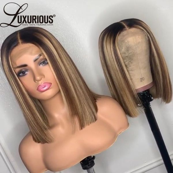 

density bob lace front wigs straight honey blonde highlight wig brazilian hair human for women1, Black;brown
