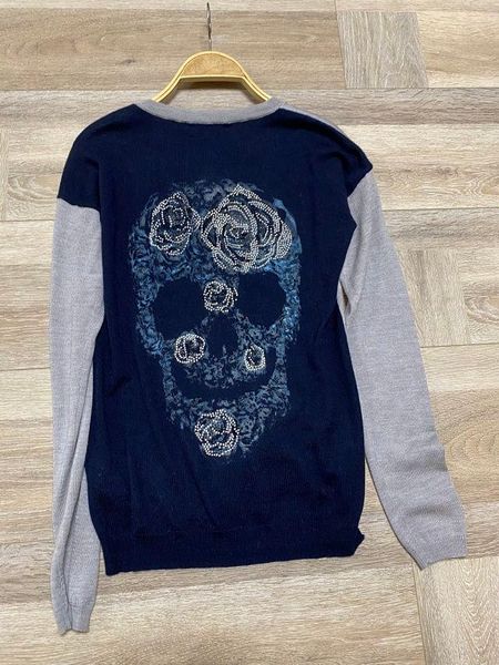 

women's knits & tees 100% cashmere 2021 early spring rhinestone skull cardigan women ladies thin sweater jacket outwear, White