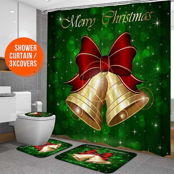 

shower curtains bathroom toilet cover+non-slip pedestal rug+bath mat / waterproof curtain christmas bell print for decor