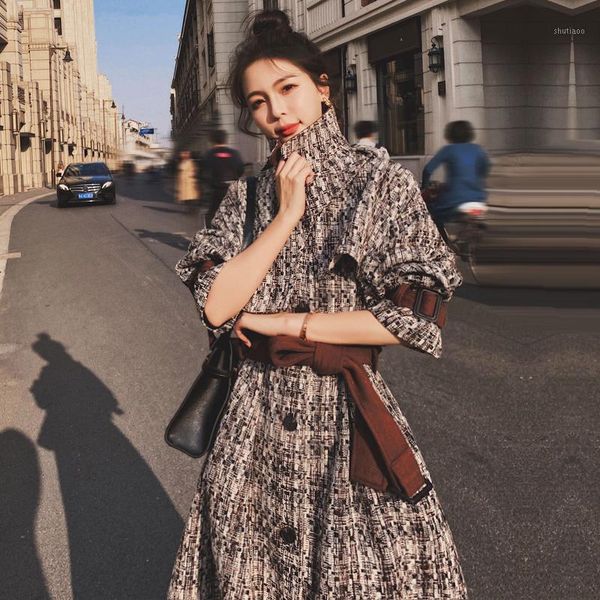 

women's wool & blends long thicken coat women 2021winter korean jacket plaid vintage woolen loose coats female single-breasted overcoat, Black