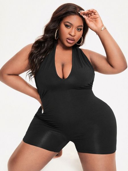 

sxy plus solid backless unitard romper 38sk#, Black