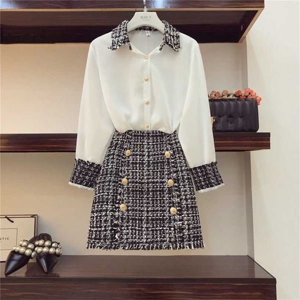 Mulheres elegantes de alta qualidade 2 pedaço conjunto tweed borlas chiffon camisa top + duplo-breasted lápis de lã mini saia 211106