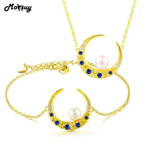 

mobuy big freshwater pearl natural gemstone 2pcs yellow gold moon jewelry sets 100% 925 sterling silver fine v016hn bracelet, earrings & nec, Black
