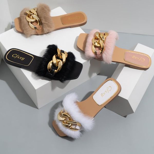 

sandals designer women's slippers fur large casual women flat shoes chain beach home slipper damen pumps, Black