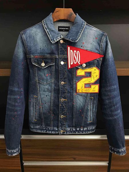 Giacca in denim da uomo cappotto blu scuro Casual in cotone con colletto rovesciato Bomber a maniche lunghe per uomo 98362