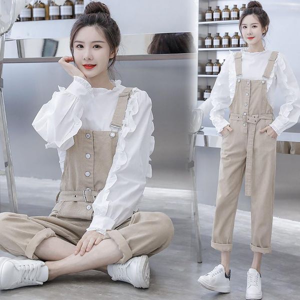 

women's jeans reduction of age denim overalls suit women fall 2021 students little black and shirt two-piece, Blue