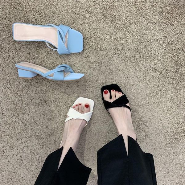 

high-heeled shoes lady woman's slippers low luxury slides square heel med 2021 designer block rome scandals pu rubber hoof, Black
