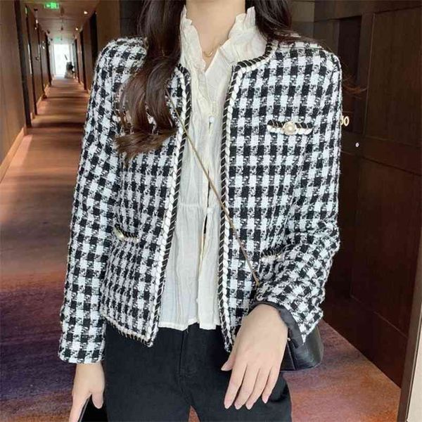 

autumn winter tweed coats women vintage long sleeve short woolen jacket coat female korean style ins houndstooth outwear 210514, Black;brown
