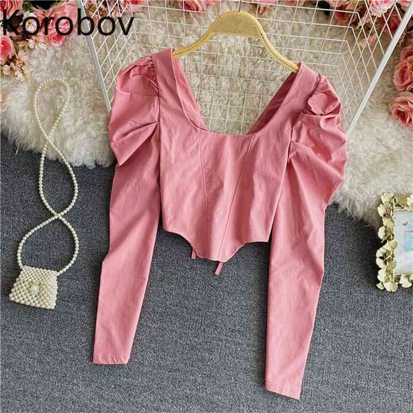 

korobov vintage elegant shirts women solid color square collar puff sleeve blouse female high waist short all-match blusas 210430, White