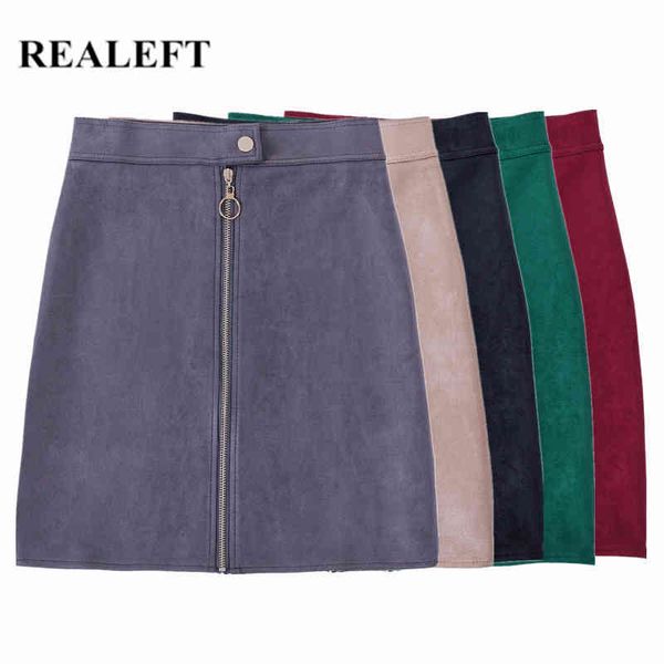 

autumn winter women's suede mini skirts elegant pencil high waist front zipper sheath wrap female 210428, Black