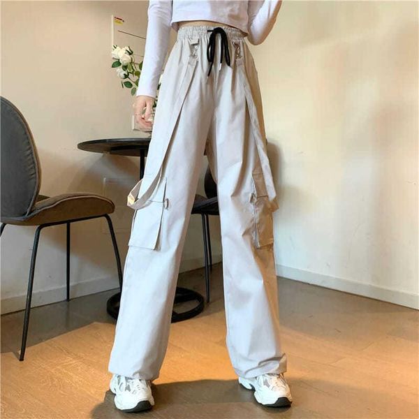 

women's pants & capris 2021 cargo black summer winter ribbon pocket jogger elastic waist high streetwear harajuku punk females trouse, Black;white