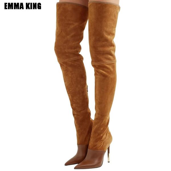 

boots women fashion brown patchwork design high heels over the knee winter suede pointed-toe shoes for 2021, Black