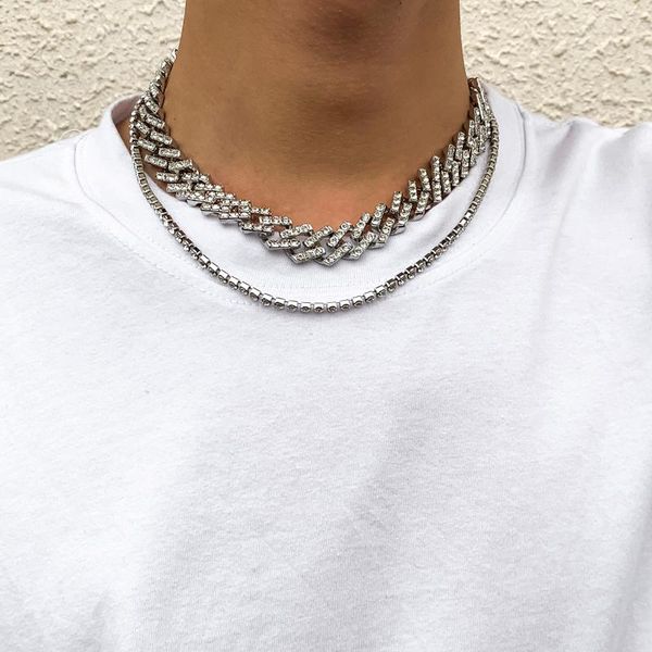

chains ingemark luxury iced out rhinestone cuban buckle tennis chain necklace choker for men bijoux halloween shiny friends jewelry, Silver