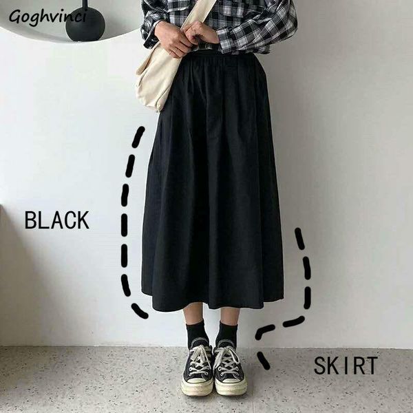 

skirts women solid mid-calf all-match loose plus size 3xl casual anti-glare a-line elastic waist elegant chic stylish ulzzang, Black