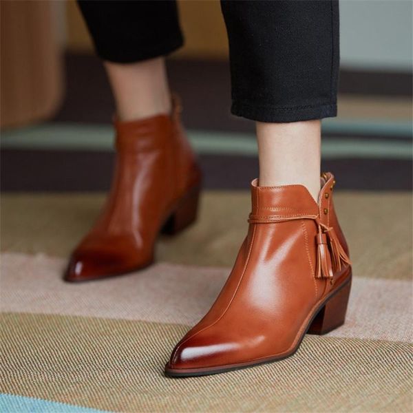 

boots winter women 2021 tassel rivet texture brush color style ankle boot genuine leather, Black