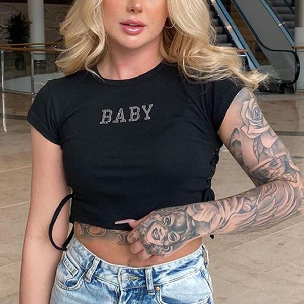 

women's t-shirt side shirring letters crystal crop t shrits women summer streetwear mini tees 2021 casual ladies black female, White
