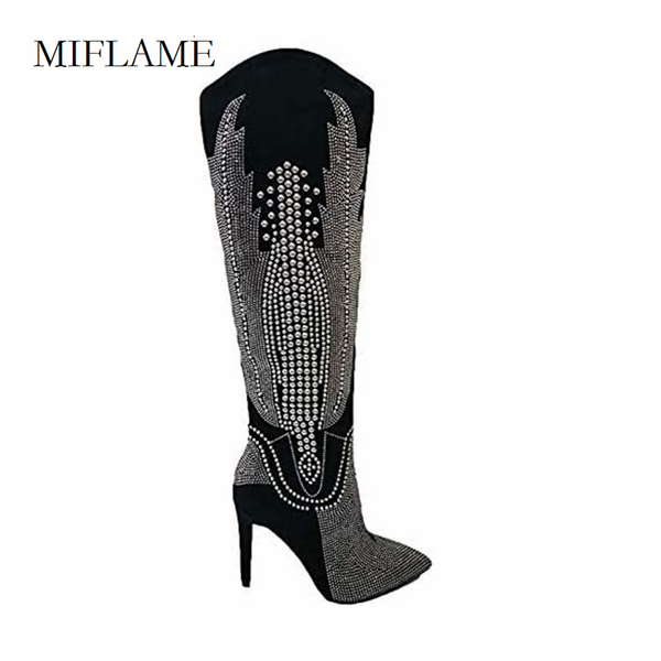 

boots 2021 rhinestone women's high heeled shoes luxurious catwalk zipper knee antumen pointed toe stiletto long, Black