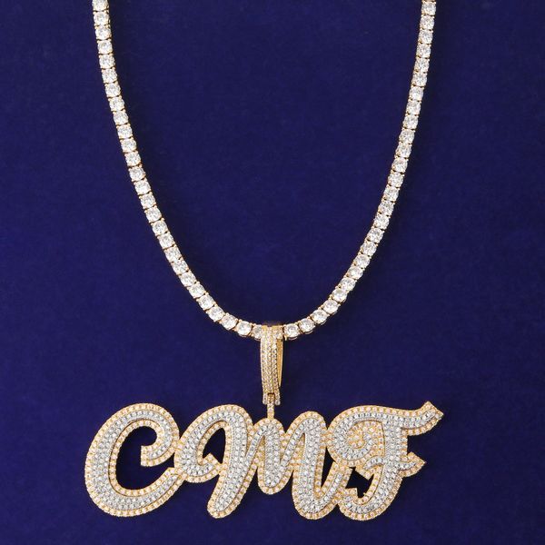 

custom name double color cursive letters pendants with tennis chain men's cubic zircon hip hop 5a stone rock jewelry, Silver