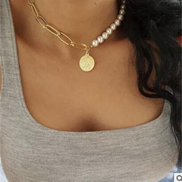 

chains 52098 pearl necklace creative simple coin head pendant, Silver