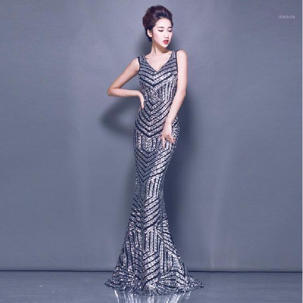 

casual dresses deep v-neck bling sequins lady banquet wedding mermaid dress elegant host evening prom gown slim vestido de mujer, Black;gray