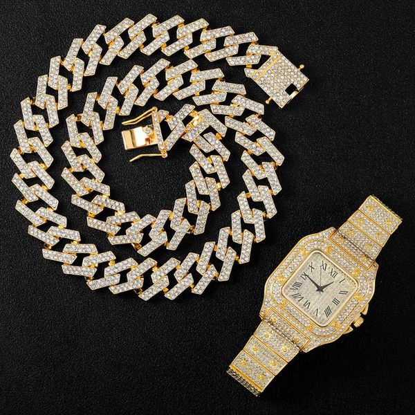 

pendant necklaces 20mm necklace +watch+bracelet hip hop miami curb cuban chain iced out paved rhinestones cz bling rapper for men jewelry, Silver