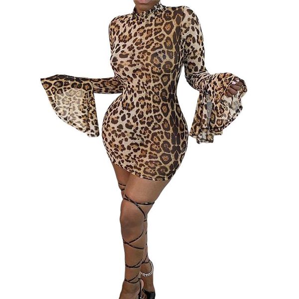 

women flare sleeve bodycon leopard dress 2021 autumn fashion ladies club streetwear casual mini dresses, Black;gray
