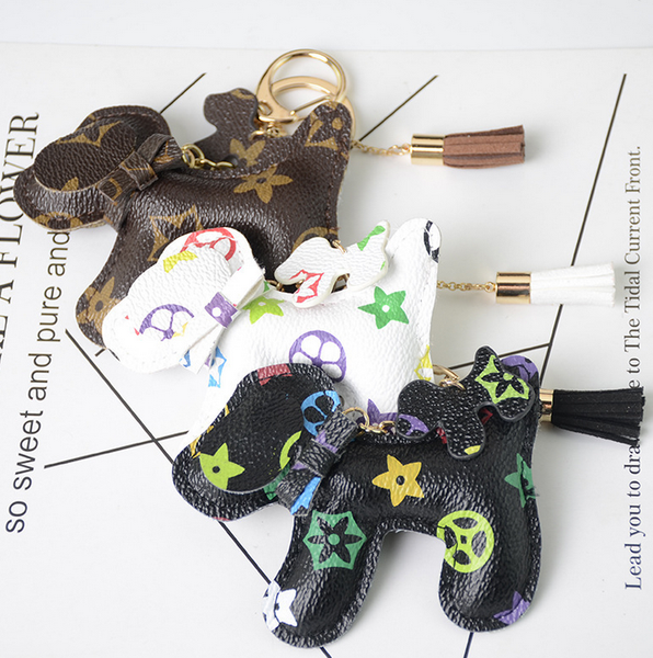 

wholesale dog design cartoon car keychain bag pendant charm jewelry flower key ring holder women men pu leather animal fashion accessories, Silver