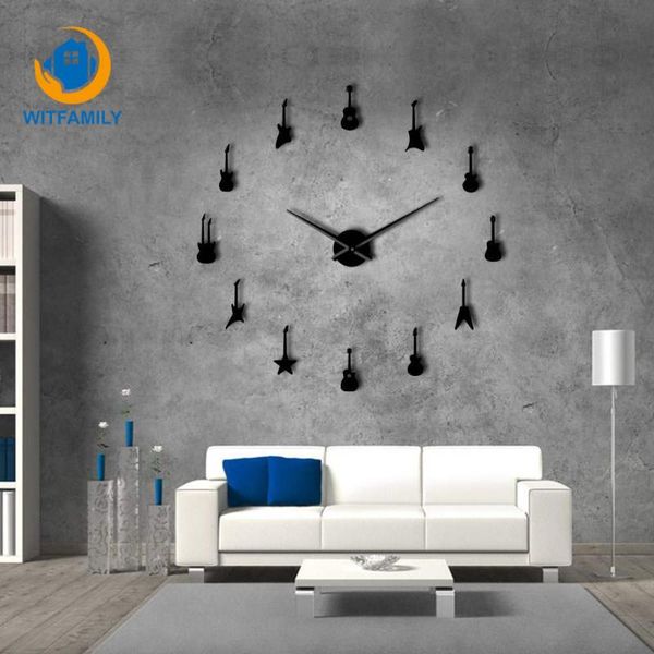 

3d large wall clocks rock roll guitar diy acrylic mirror stickers clock variety music horloge home decor