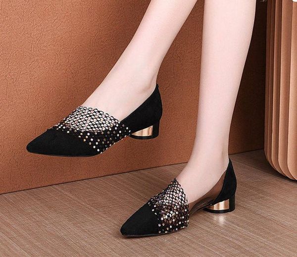 

dress shoes spring summer mesh women pumps 2021 transparent low heels pointed toe slip-on single mujer, Black