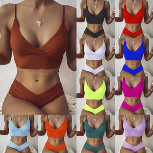 

one-piece suits cross bikini set women solid v-neck high-waisted two piece swimsuit 2021 girl beach bathing suit swimwear biquinis
