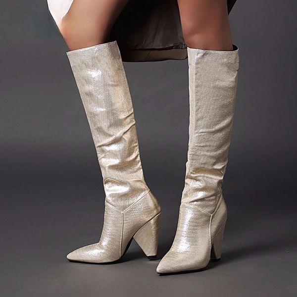 

boots 2021 fashiwomen luxury glitter embellished slouchy pull on knee high cone heel nightclub big size 43, Black