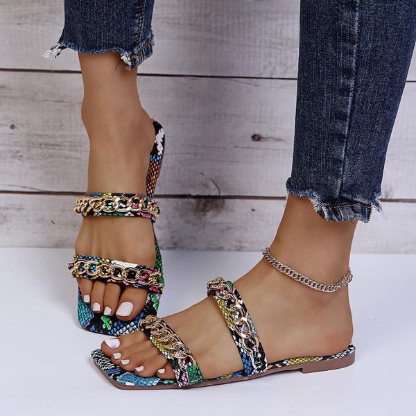 

sandals women's fashion metal chain two band large size square toe snake print slip-on summer shoes woman sandalias, Black