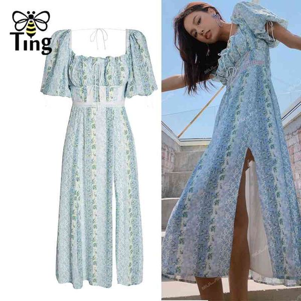

summer bohemian floral print retro square collar chic dress streetwear side split casual love for 210513, Black;gray