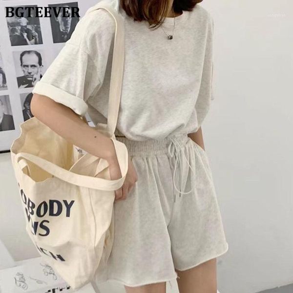 

women's tracksuits bgteever summer ladies casual o-neck short sleeve loose female t-shirts & drawstring shorts women 2 pieces set 2021, Gray