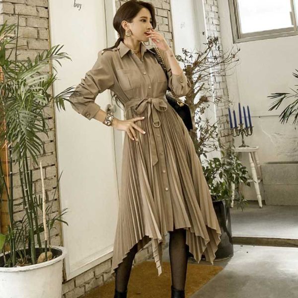 

autumn vintage women office ol casual slim long sleeve elegant belt knee-length irregular pleated dress female vestidos 210526, Black;gray