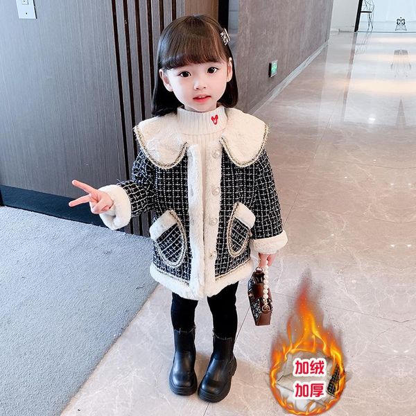 

coat girls jackets 2021 winter foreign style children's plaid coats plus velvet padded clothes fur collar clothing, Blue;gray