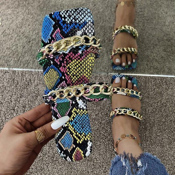 

summer women fashion slippers flat heel multi color snake print metal chain decoration outdoor slides ladies shoes, Black