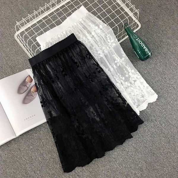 

women mesh hollow out skirts fashion casual elegant lace transparent stars overskirt midi a line long 210601, Black