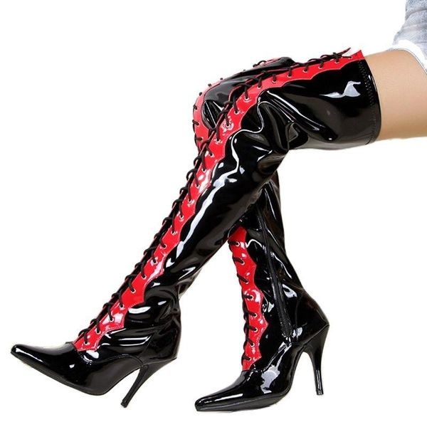 

boots patent leather over the knee lace up patchwork pointed toe night club women shoes heeled stiletto mixed color, Black