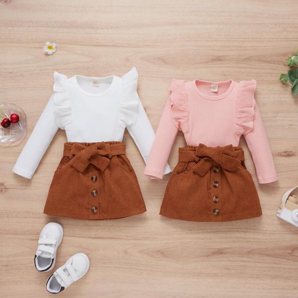 

clothing sets autumn kids lovely baby girls clothes solid ruffles knit long sleeve pullover bow button a-line skirts, White