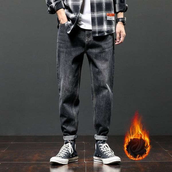 

men's pants 2021 winter brand casual plush thickened jeans korean fashion falling feeling loose and warm wide leg harlan, Black