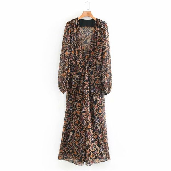 

summer women vintage dress floral print long sleeve v-neck chiffon pleated es female elegant fashion split 210513, Black;gray