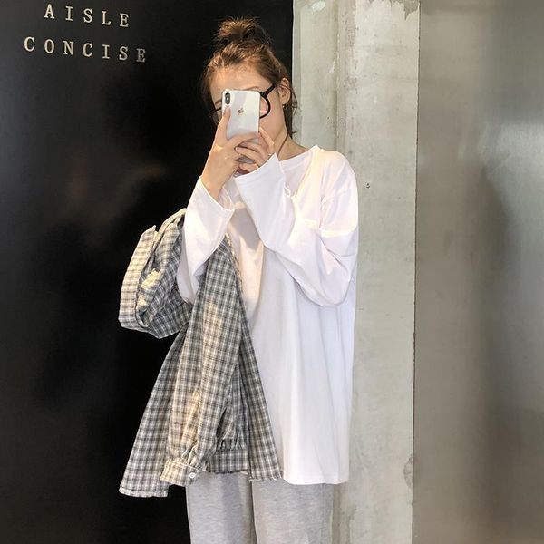 

women's t-shirt white cotton female 2021 spring and autumn korean student loose long sleeve with bottom coat