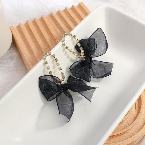 

dangle & chandelier amorcome winter collection black chiffon fabric bowknot earrings 2021 trendy rhinestone metal oval bow drop mujer gift, Silver